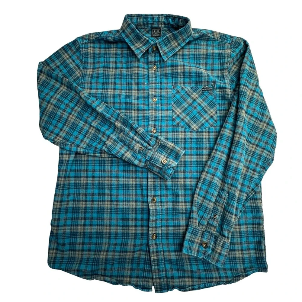 Oakley Shirt Mens Large Blue‎ Plaid Flannel Long Sleeve Button Up Skate